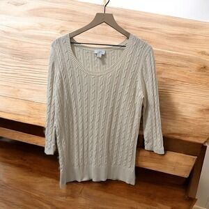 LOFT Cable Knit Sweater Scoop‎ Neck 3/4 Sleeve Pullover Top Cream Large